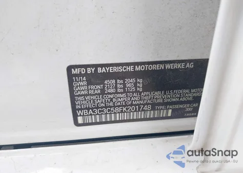 2015 BMW 320I xDrive z USA, uszkodzony, nr VIN WBA3C3C58FK201748